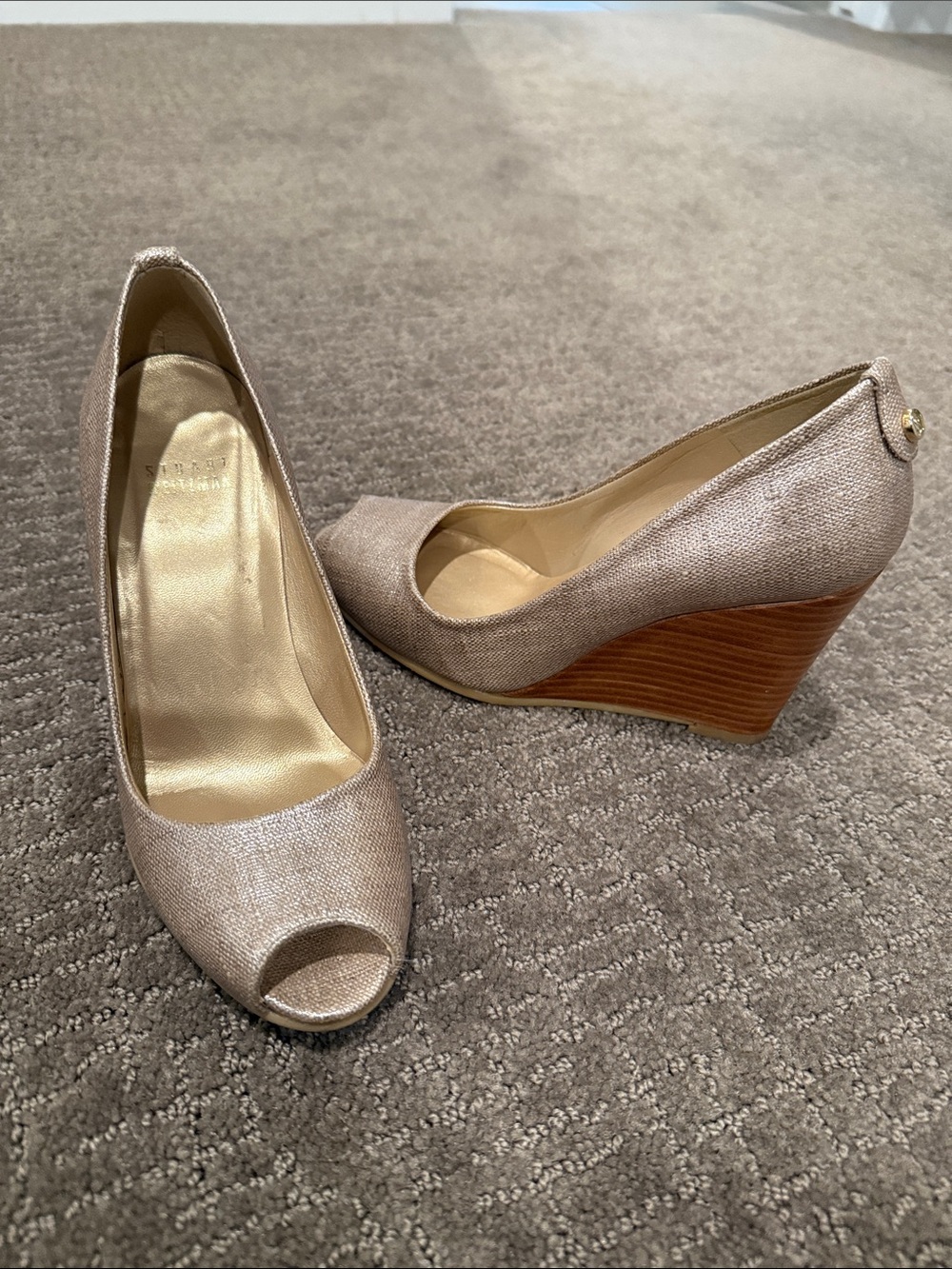 Stuart Weitzman Metallic Champagne Peep-Toe Wedge Pumps